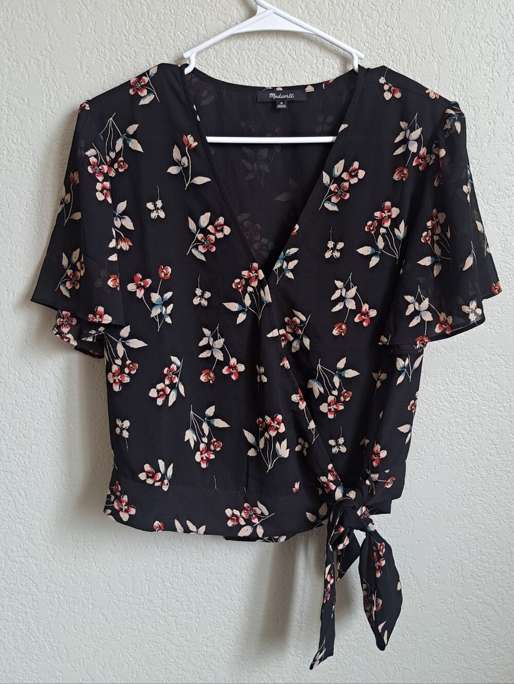 Madewell Black Floral Botanical Faux Wrap Top Size Medium